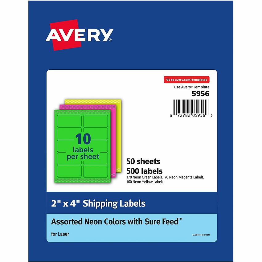 Avery 2"x 4" Neon Shipping Labels with Sure Feed, 500 Labels (AVE5956)