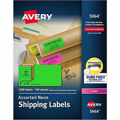 Avery 2"x 4" Neon Shipping Labels with Sure Feed, 1,000 Labels (AVE5964)