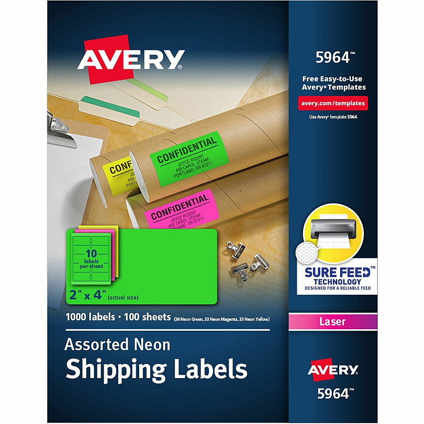 Avery 2"x 4" Neon Shipping Labels with Sure Feed, 1,000 Labels (AVE5964)