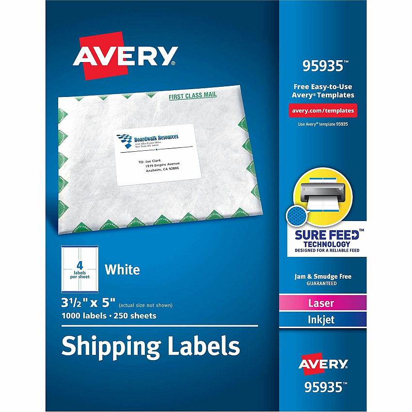 Avery Shipping Labels, Sure Feed, 3-1/2" x 5" , 1,000 Labels (AVE95935)