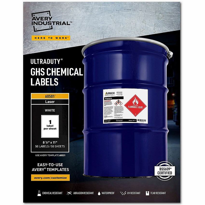 Avery UltraDuty GHS Chemical Labels 8½" x 11" , for Laser Printers (AVE60501)