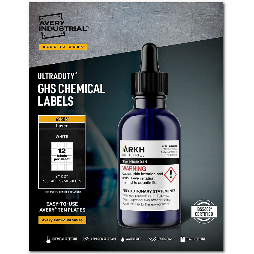 Avery UltraDuty GHS Chemical Labels 2" x 2" , Permanent Adhesive, for Laser Printers (AVE60506)