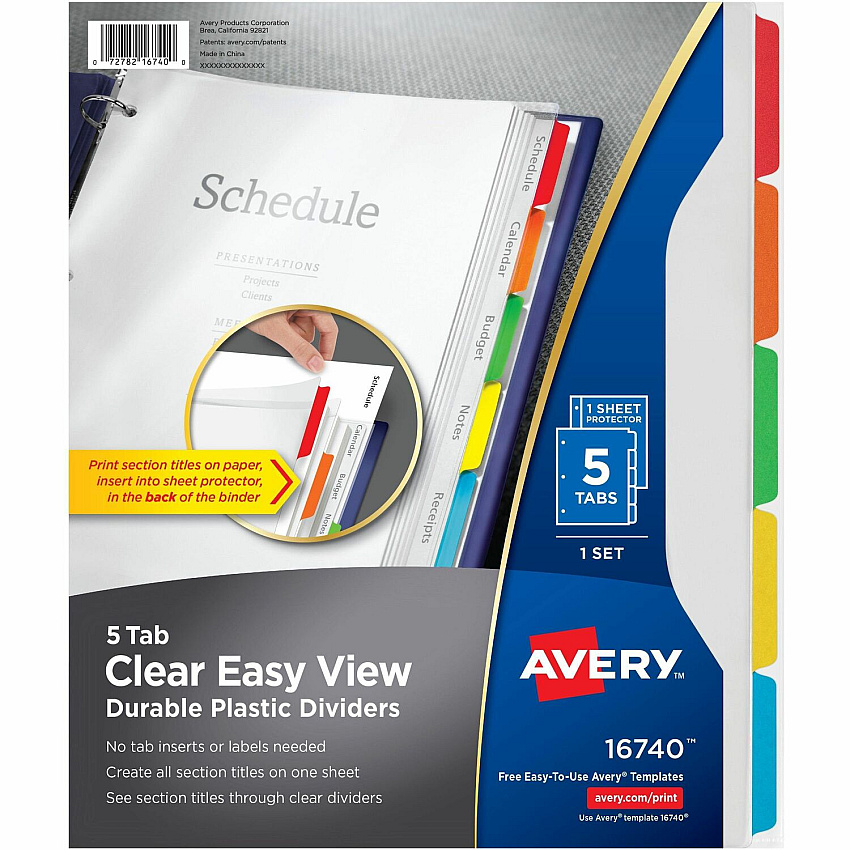 Avery Clear Easy View Durable Plastic Dividers 5 tabs, 1 set (AVE16740)