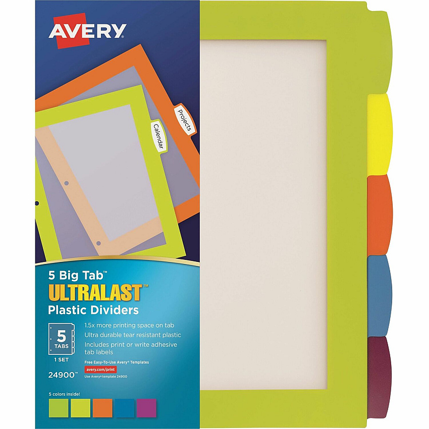 Avery Big Tab UltraLast Plastic Dividers for Laser and Inkjet Printers, 5 tabs (AVE24900)