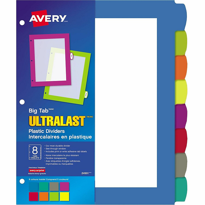 Avery Big Tab UltraLast Plastic Dividers for Laser and Inkjet Printers, 8 tabs (AVE24901)