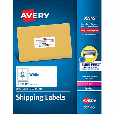 Avery Shipping Labels, Sure Feed, 2"x4" , 2500 Glossy Labels (AVE95945)