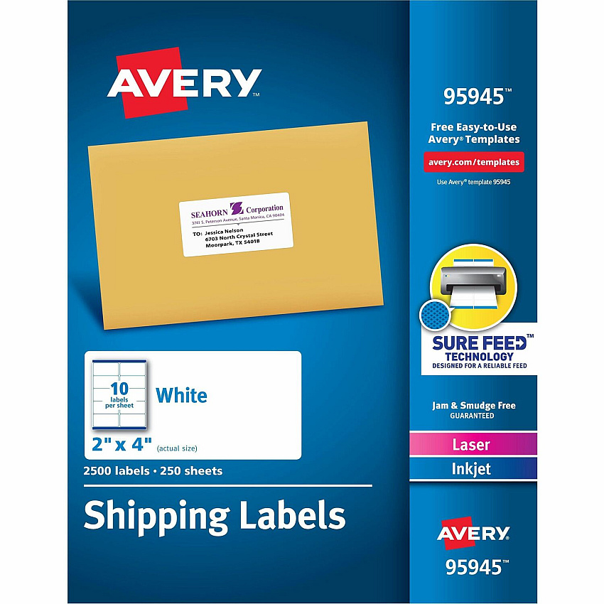 Avery Shipping Labels, Sure Feed, 2"x4" , 2500 Glossy Labels (AVE95945)
