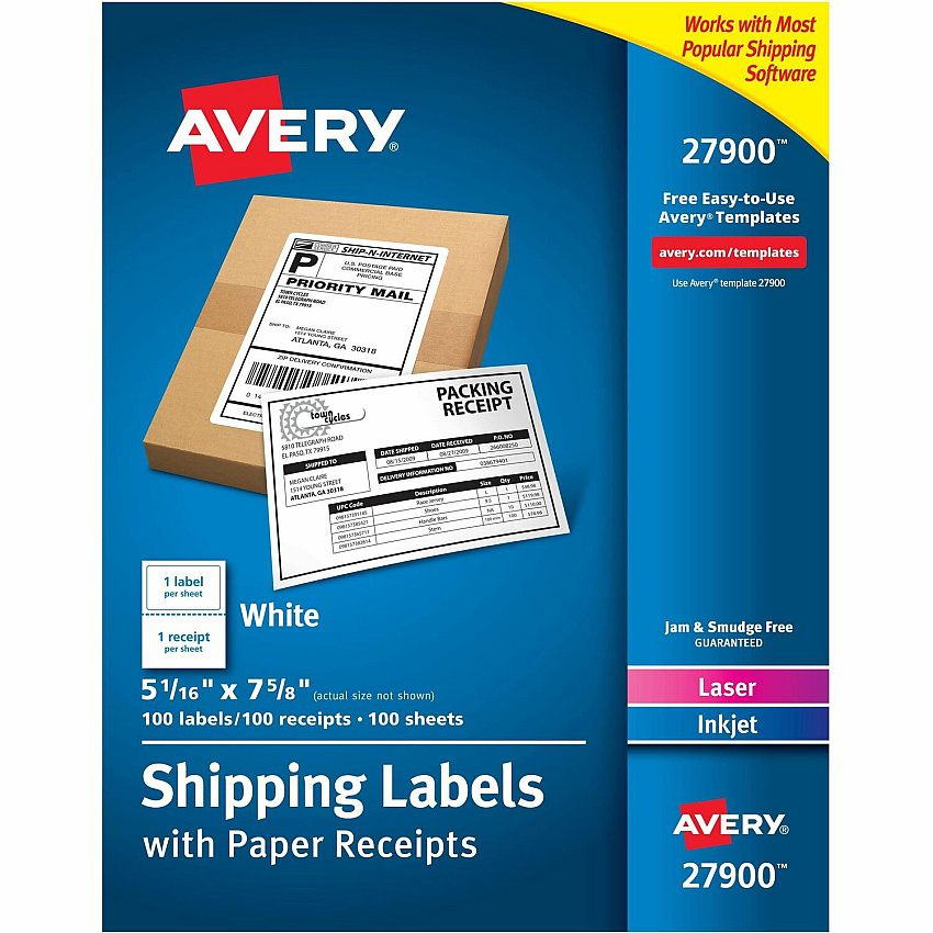 Avery Shipping Labels with Receipt, 5-1/16" x 7-5/8" 100 Count (AVE27900)
