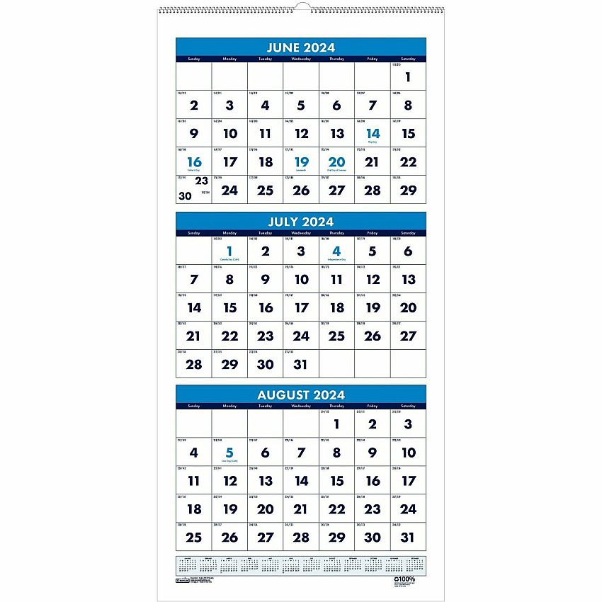 House of Doolittle Academic Year Recycled Three-Month Format Wall Calendar, Vertical: 8 x 17, White Sheets, 14-Month: June 2025 to July 2026 (3645)