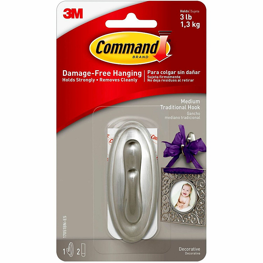 Command Medium Traditional Hook, Brushed Nickel (MMM17051BNES)