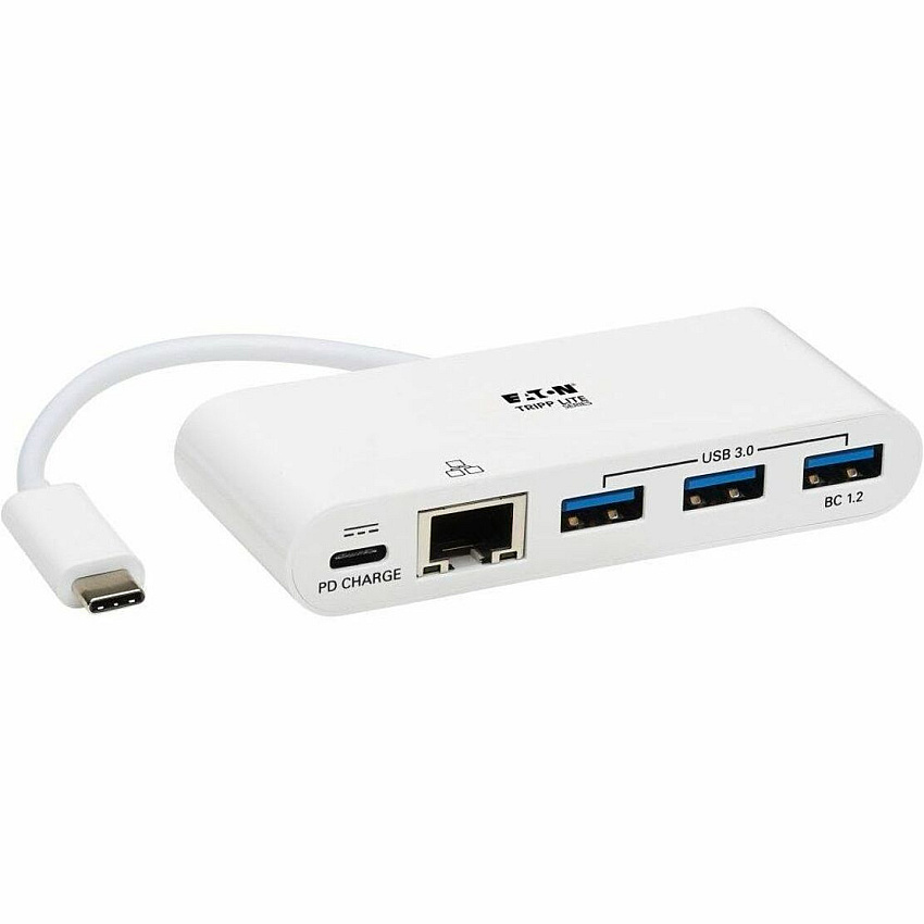 Eaton Tripp Lite Series 3-Port USB-C Hub - USB 3.x (5Gpbs) Hub Ports, Gigabit Ethernet, 60W PD Charging, White (U4600033AGC)