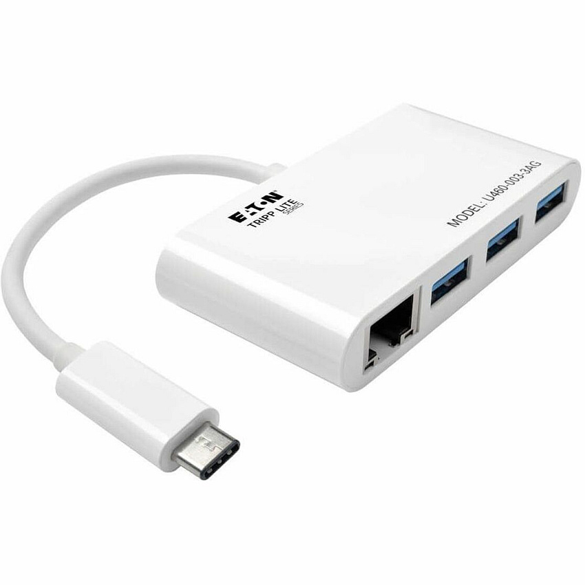 Eaton Tripp Lite Series 3-Port USB 3.x (5Gbps) Hub with LAN Port, USB-C to 3x USB-A Ports and Gigabit Ethernet, White (U4600033AG)
