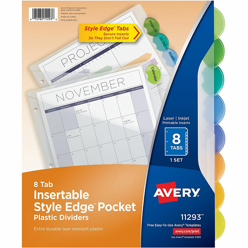 Avery Insertable Style Edge Plastic Dividers with Pockets, 8-tab (AVE11293)