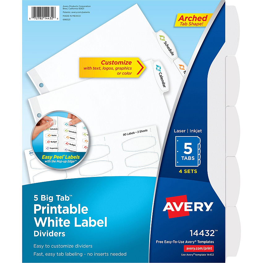 Avery Big Tab Printable Label Dividers, Easy Peel Labels, 5 Tabs (AVE14432)