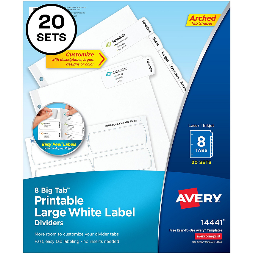 Avery Big Tab Printable Large White Dividers with Easy Peel, 8 Tabs (AVE14441)