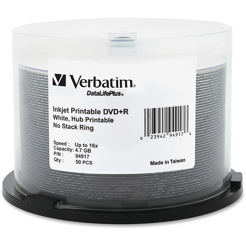 Verbatim DVD+R 4.7GB 16X DataLifePlus White Inkjet Printable, Hub Printable - 50pk Spindle (94917)