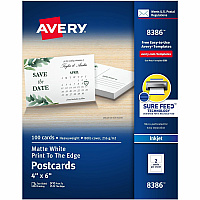 Avery(R) Printable Postcards with Sure Feed Technology, 4" x 6" , Matte White, 100 Blank Postcards for Inkjet Printers (AVE8386)