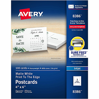 Avery(R) Printable Postcards with Sure Feed Technology, 4" x 6" , Matte White, 100 Blank Postcards for Inkjet Printers (AVE8386)
