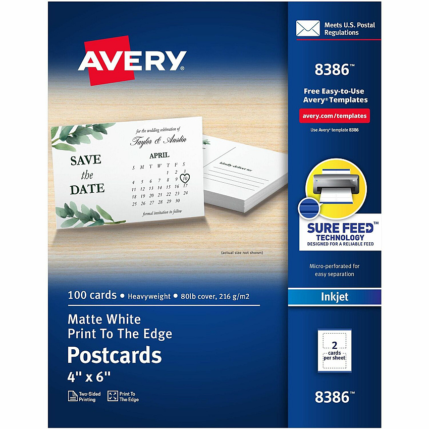 Avery(R) Printable Postcards with Sure Feed Technology, 4" x 6" , Matte White, 100 Blank Postcards for Inkjet Printers (AVE8386)