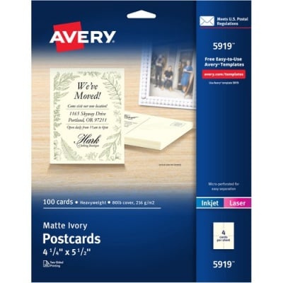 Avery Postcards, Ivory, Two-Sided, 4-1/4" x 5-1/2" , 100 Cards (5919)