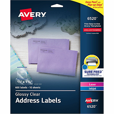 Avery Easy Peel High Gloss Clear Mailing Labels (AVE6520)
