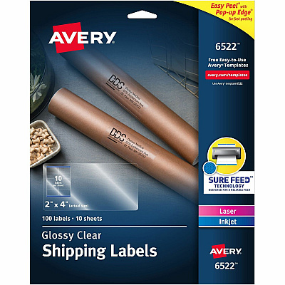 Avery Shipping Labels, Glossy Clear, 2" x 4" , 100 Labels (AVE6522)