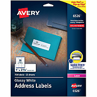 Avery Address Labels, Glossy White, 1" x 2-5/8" , 750 Total (AVE6526)