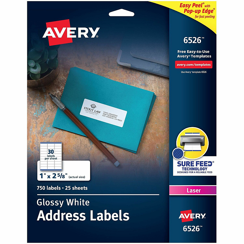 Avery Address Labels, Glossy White, 1" x 2-5/8" , 750 Total (AVE6526)