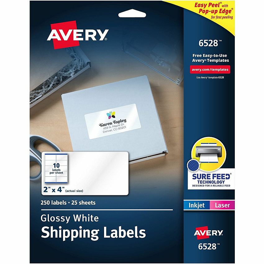 Avery Shipping Labels, Glossy White, 2" x 4" , 250 Total (AVE6528)