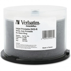 Verbatim DVD-R 4.7GB 16X DataLifePlus White Inkjet Printable, Hub Printable - 50pk Spindle (95079)