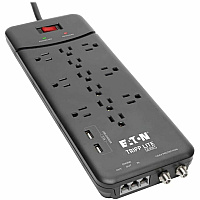 Eaton Tripp Lite Series Protect It! 12-Outlet Surge Protector, 8 ft. (2.43 m) Cord, 4320 Joules, Tel/Modem/Coax Protection, 2 USB Ports, Black (TLP128TTUSBB)