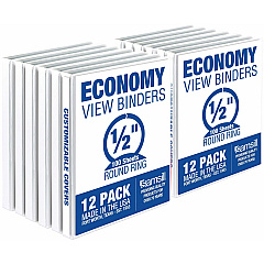 Samsill Economy 0.5 Inch 3 Ring Binder, Made in the USA, Round Ring Binder, Non-Stick Customizable Cover, White, 12 Pack (SAMI08517C)
