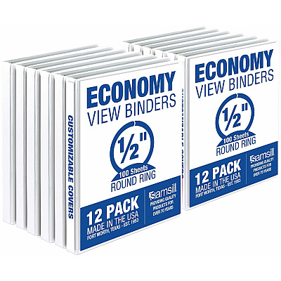 Samsill Economy 0.5 Inch 3 Ring Binder, Made in the USA, Round Ring Binder, Non-Stick Customizable Cover, White, 12 Pack (SAMI08517C)