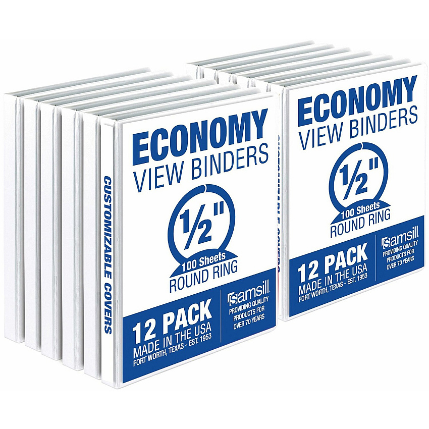 Samsill Economy 0.5 Inch 3 Ring Binder, Made in the USA, Round Ring Binder, Non-Stick Customizable Cover, White, 12 Pack (SAMI08517C)