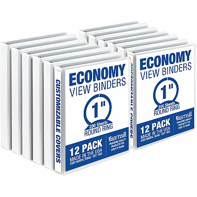 Samsill Economy 1 Inch 3 Ring Binder, Made in the USA, Round Ring Binder, Non-Stick Customizable Cover, White, 12 Pack (SAMI008537C)
