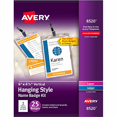 Avery Vertical Name Badges with Tickets Kit for Laser and Inkjet Printers, 4-1/4" x 6" (AVE8520)