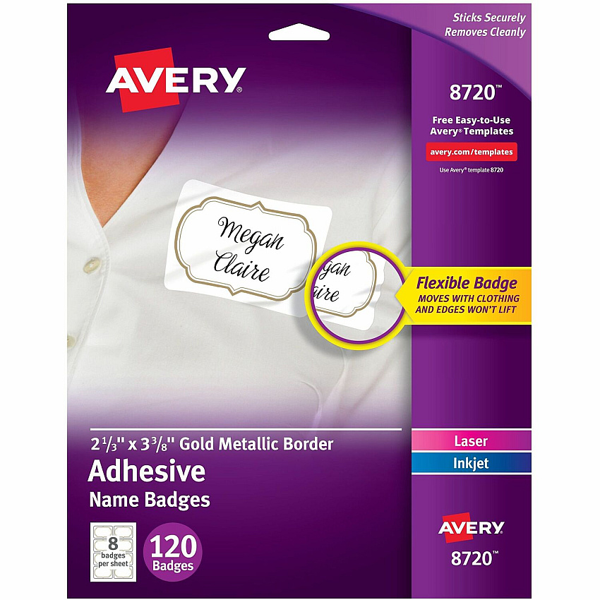 Avery Self-Adhesive Removable Name Tag Labels with Gold Metallic Border (AVE8720)