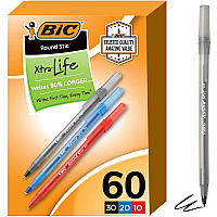 BIC Round Stic Xtra Life Ball Point Pen, Assorted, 60 Pack (BICGSM609AST)