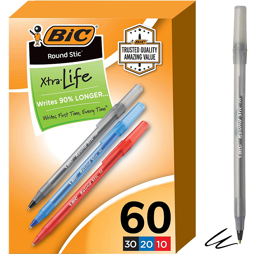 BIC Round Stic Xtra Life Ball Point Pen, Assorted, 60 Pack (BICGSM609AST)