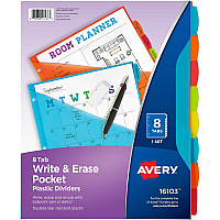 Avery Write & Erase 8-Tab Plastic Dividers, Pockets, Brights (AVE16103)