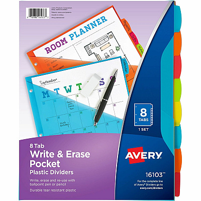 Avery Write & Erase 8-Tab Plastic Dividers, Pockets, Brights (AVE16103)
