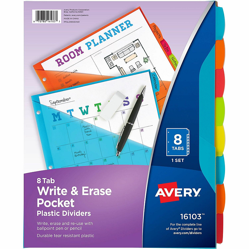 Avery Write & Erase 8-Tab Plastic Dividers, Pockets, Brights (AVE16103)