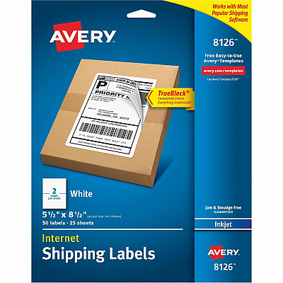 Avery White Rectangle Labels TrueBlock, 8½" x 5½" , for Laser and Inkjet Printers (AVE8126)
