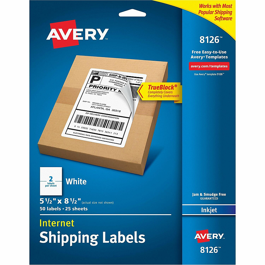 Avery White Rectangle Labels TrueBlock, 8½" x 5½" , for Laser and Inkjet Printers (AVE8126)