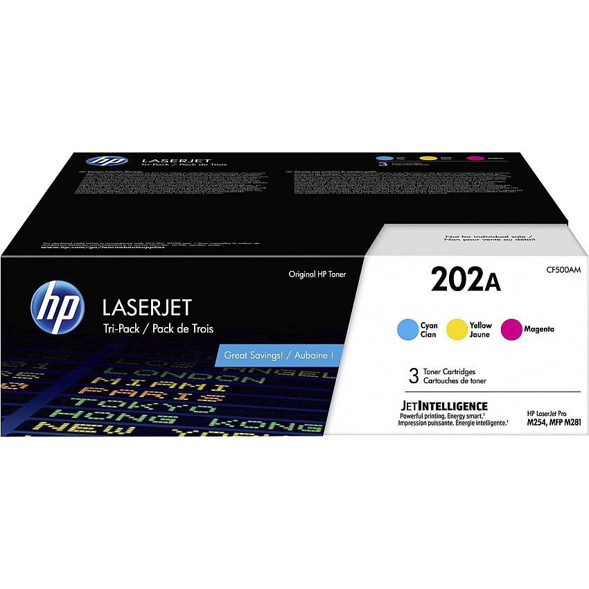 HP 202A (HEWCF500AM) Original Laser Toner Cartridge - Cyan, Magenta, Yellow - 3 / Carton