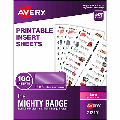 The Mighty Badge The Mighty Badge Printable Insert Sheets, 100 Clear Inserts, Laser (AVE71210)
