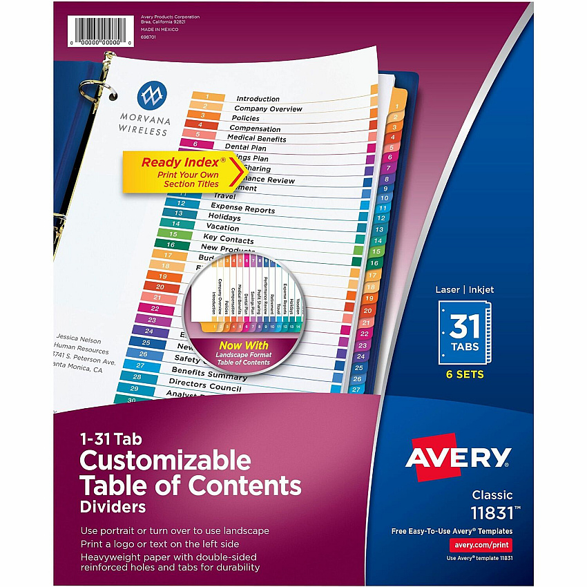 Avery Ready Index 31 Tab Dividers, Customizable TOC, 6 Sets (AVE11831)