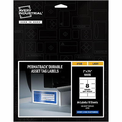 Avery PermaTrack Durable White Asset Tag Labels, 2" x 3-3/4" , 64 Asset Tags (AVE61530)
