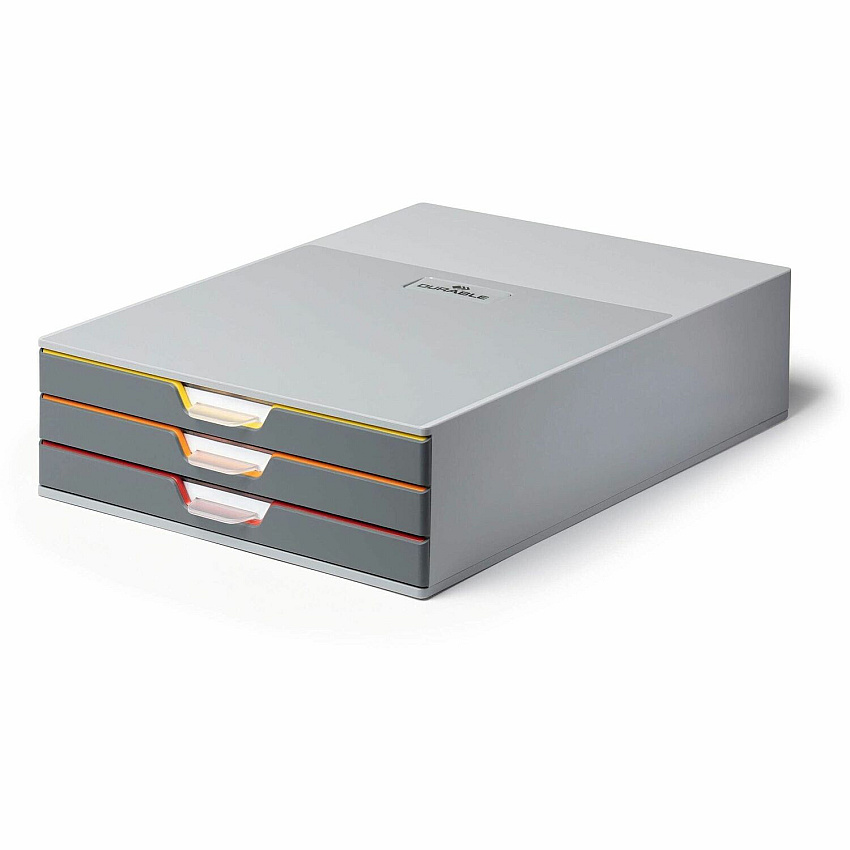 Durable VARICOLOR 3 Drawer Desktop Storage Box, Gray/Multicolor (760327)