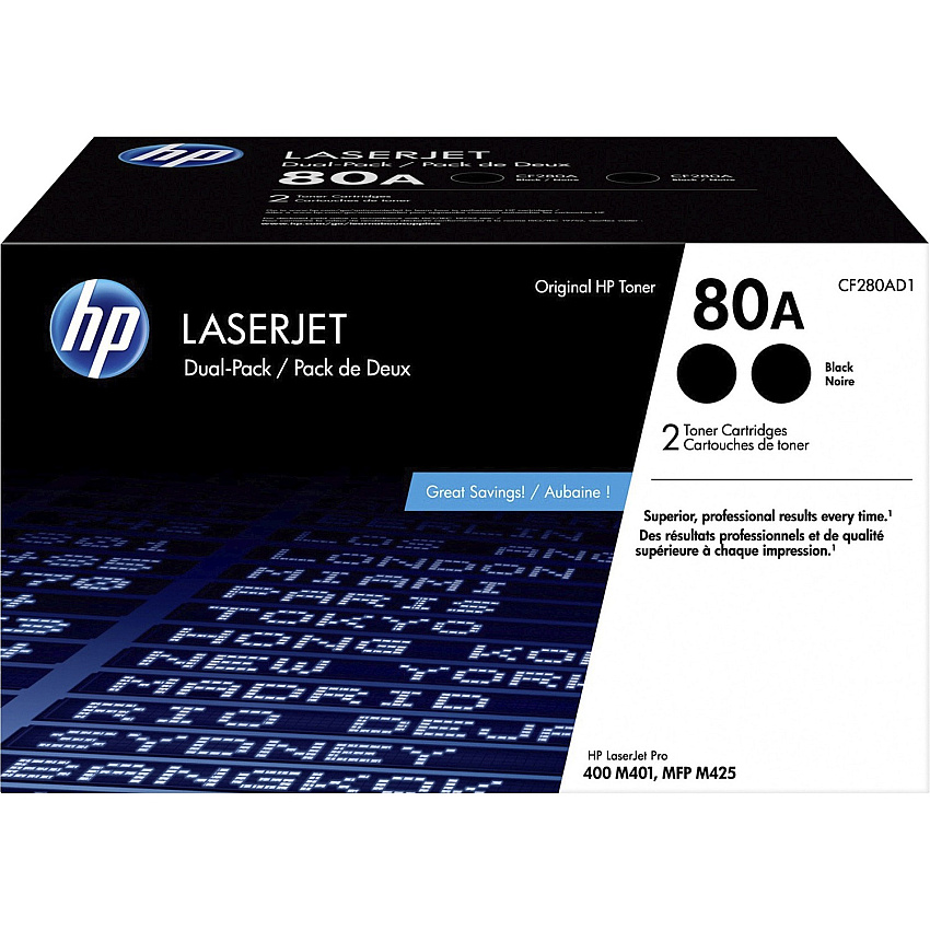 HP 80A (HEWCF280AD1) Original Laser Toner Cartridge - Black - 2 / Carton